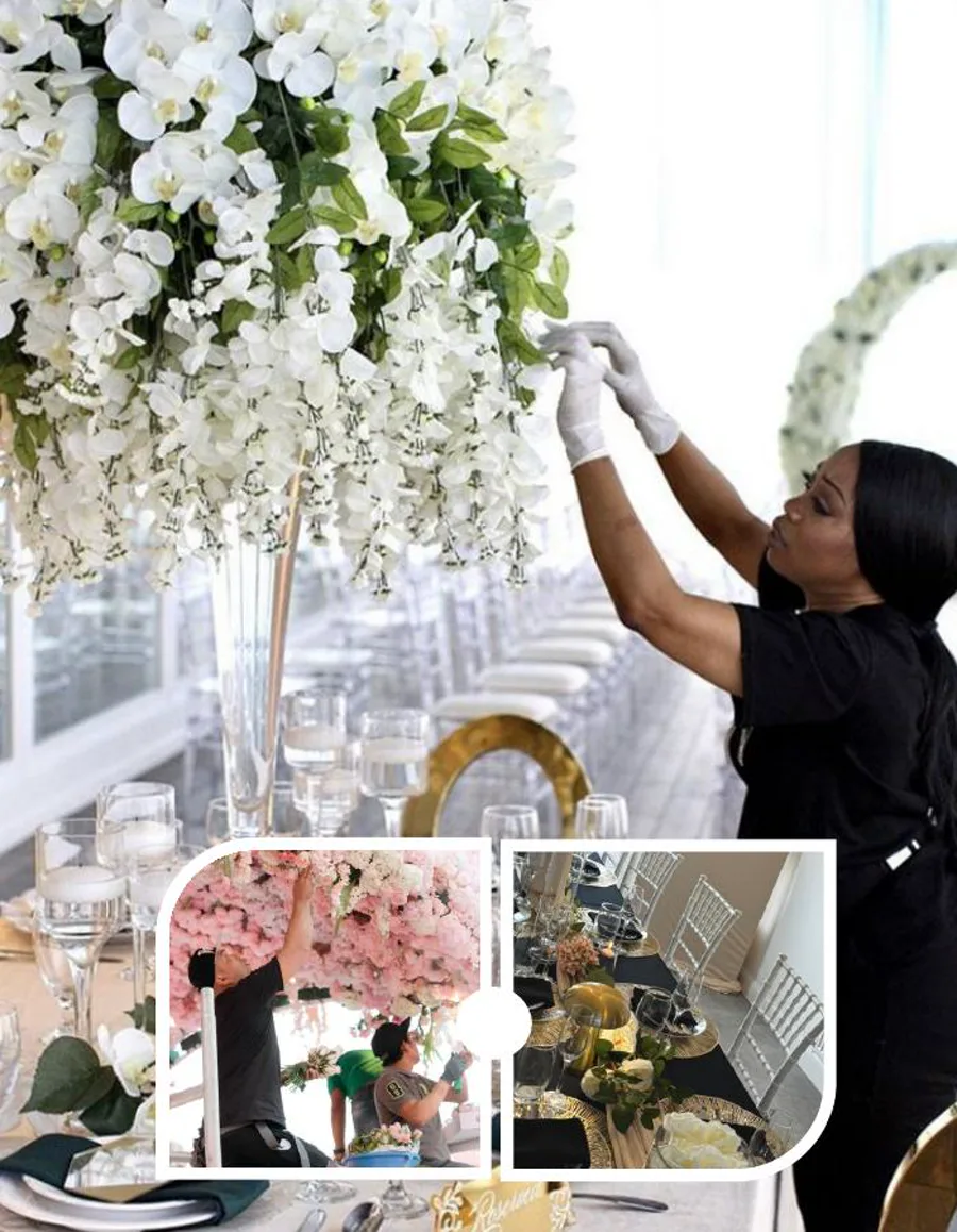 An Olseda event stylist arranging floral decorations