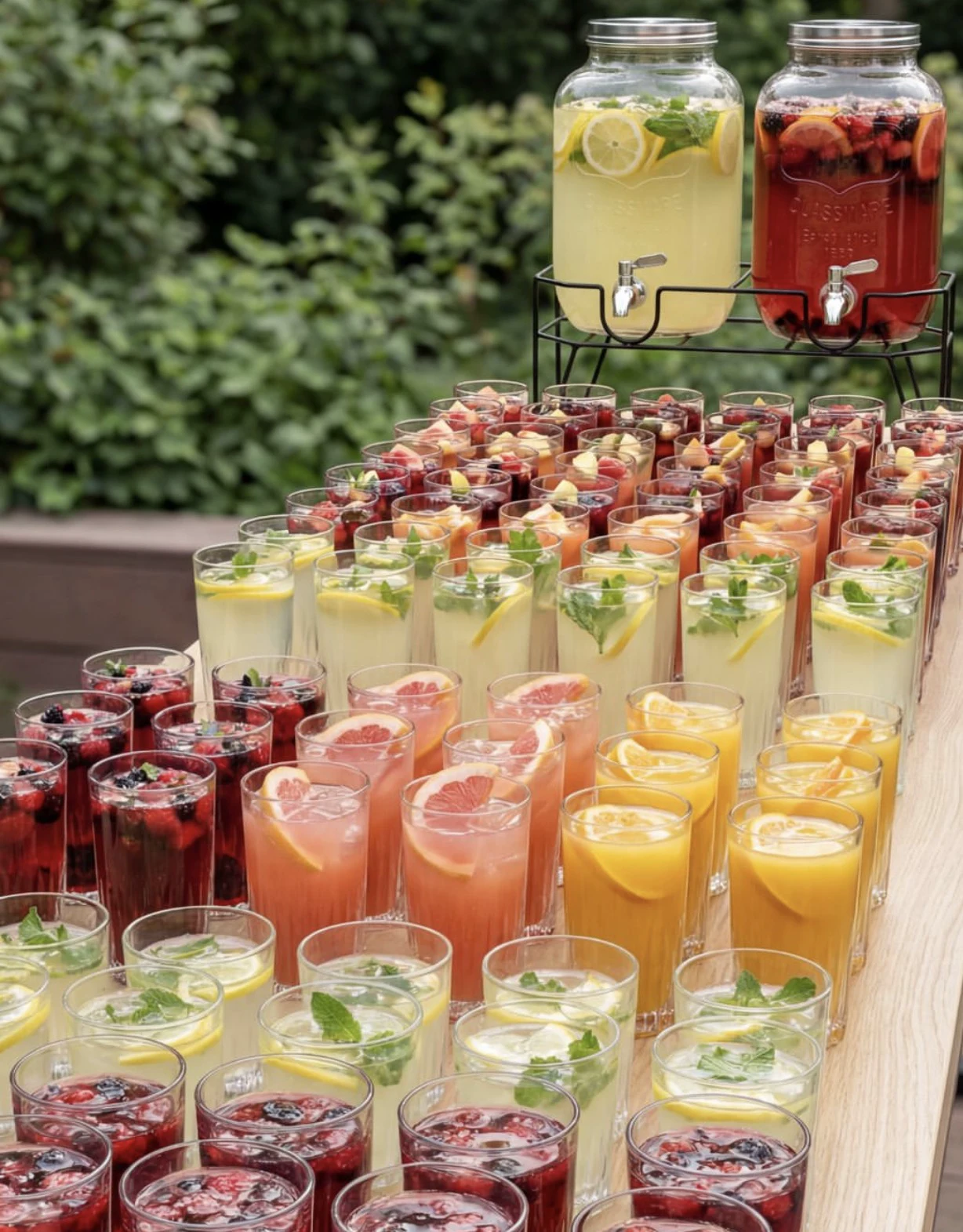 A colourful outdoor drinks table with fruit-infused refreshments ready for guests