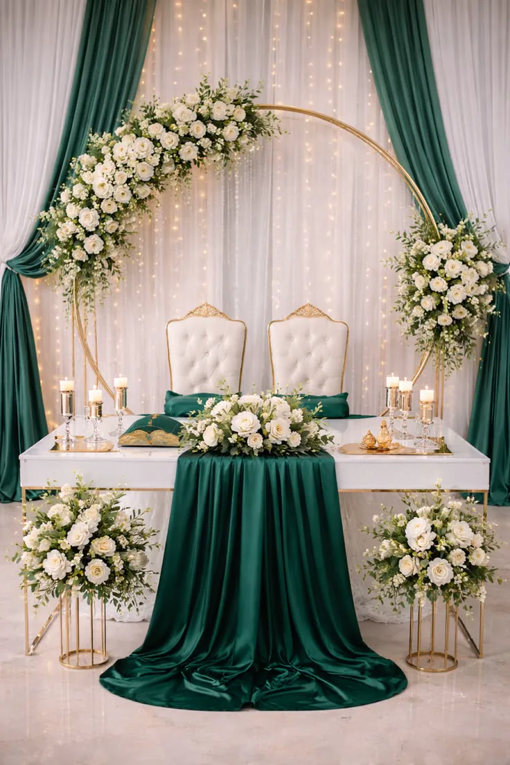 An emerald green and gold wedding ceremony setup with a floral arch, draped table and gold chairs