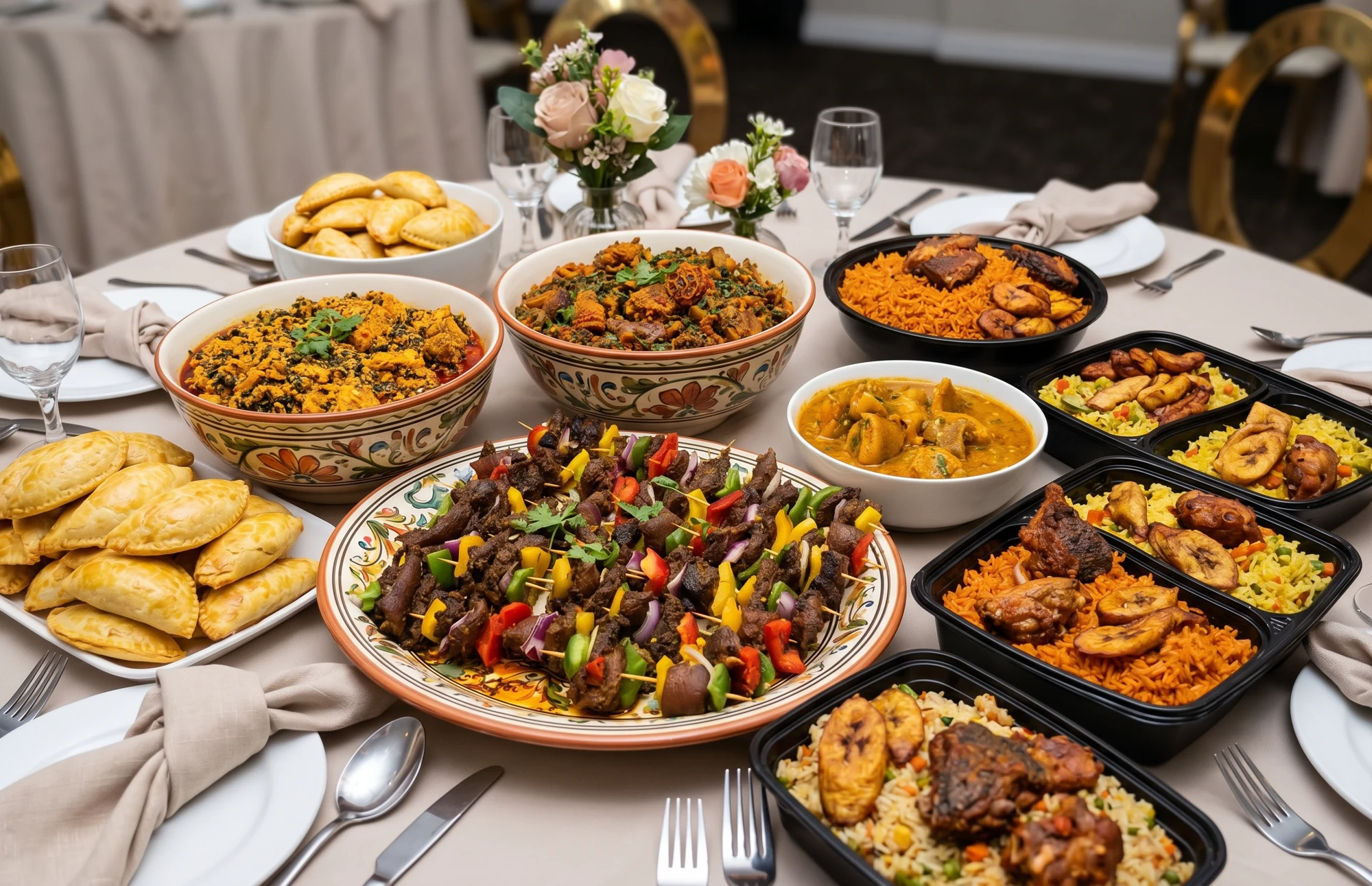 A beautifully presented private catering table with Nigerian dishes, pastries and individual meals